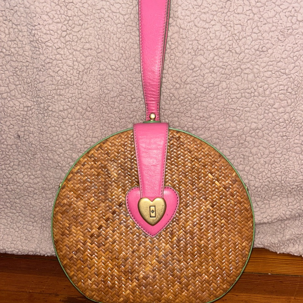 Juicy Couture Pink Trim Round Woven Crossbody with Gold Heart Lock